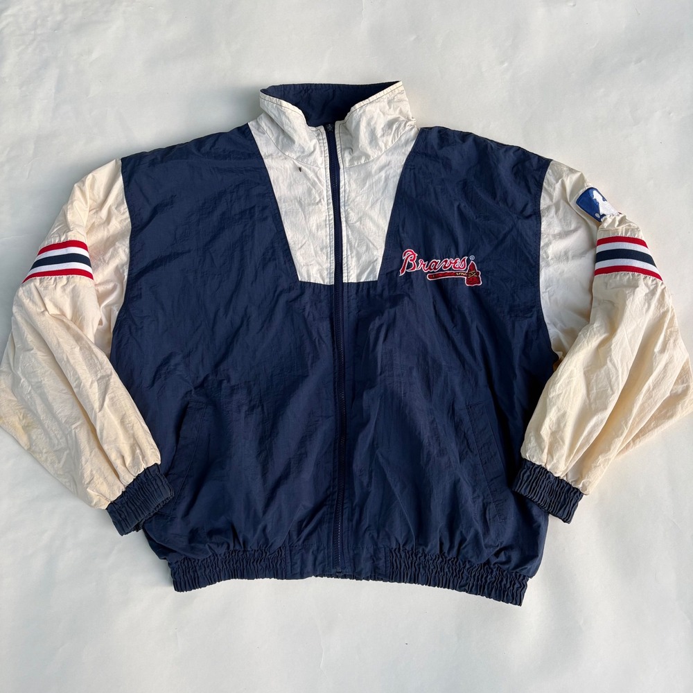 Vintage 90s Pro Player Atlanta Braves MLB Windbreaker Jacket Navy Cream XL